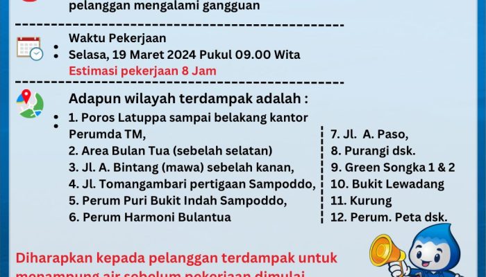 PERUMDA Tirta Mangkaluku Informasikan Layanan Distribusi Air Baku Sementara Alami Gangguan, Ini Penyebabnya