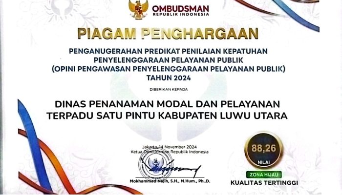 Penghujung Tahun 2024, DPMPTSP Luwu Utara Raih Penghargaan Pelayanan Publik Kualitas Tertinggi dari Ombudsman RI