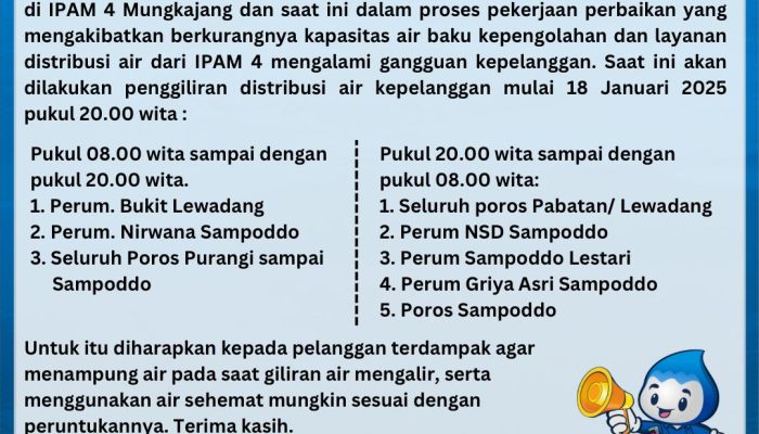 Pompa Air Baku Rusak, Perumda Tirta Mangkaluku Umumkan Adanya Gangguan Pelayanan Air Bersih