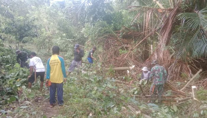 Babinsa Koramil 1403-01 Larompong Kodim 1403/Palopo Bersama Warga Bersihkan Jalan Tani