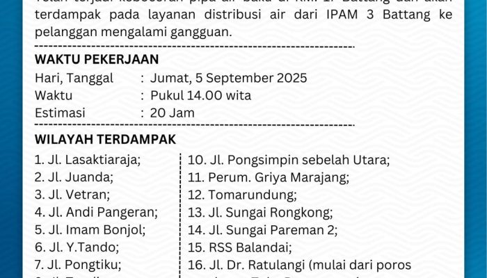 Pipa Air Baku Bocor di KM 17 Battang, Perumda TM Kota Palopo Umumkan Gangguan Distribusi Air Bersih