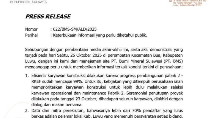 PT BMS Klarifikasi Isu PHK dan Calo: Tak Ada Pemungutan Biaya, 70% Tenaga Kerja Lokal
